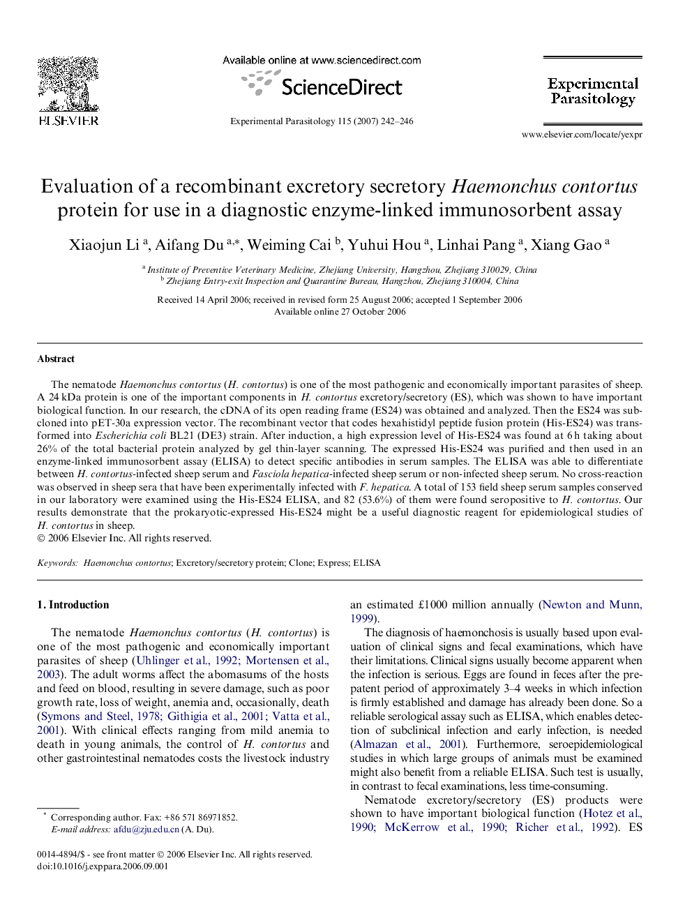 Evaluation of a recombinant excretory secretory Haemonchus contortus protein for use in a diagnostic enzyme-linked immunosorbent assay