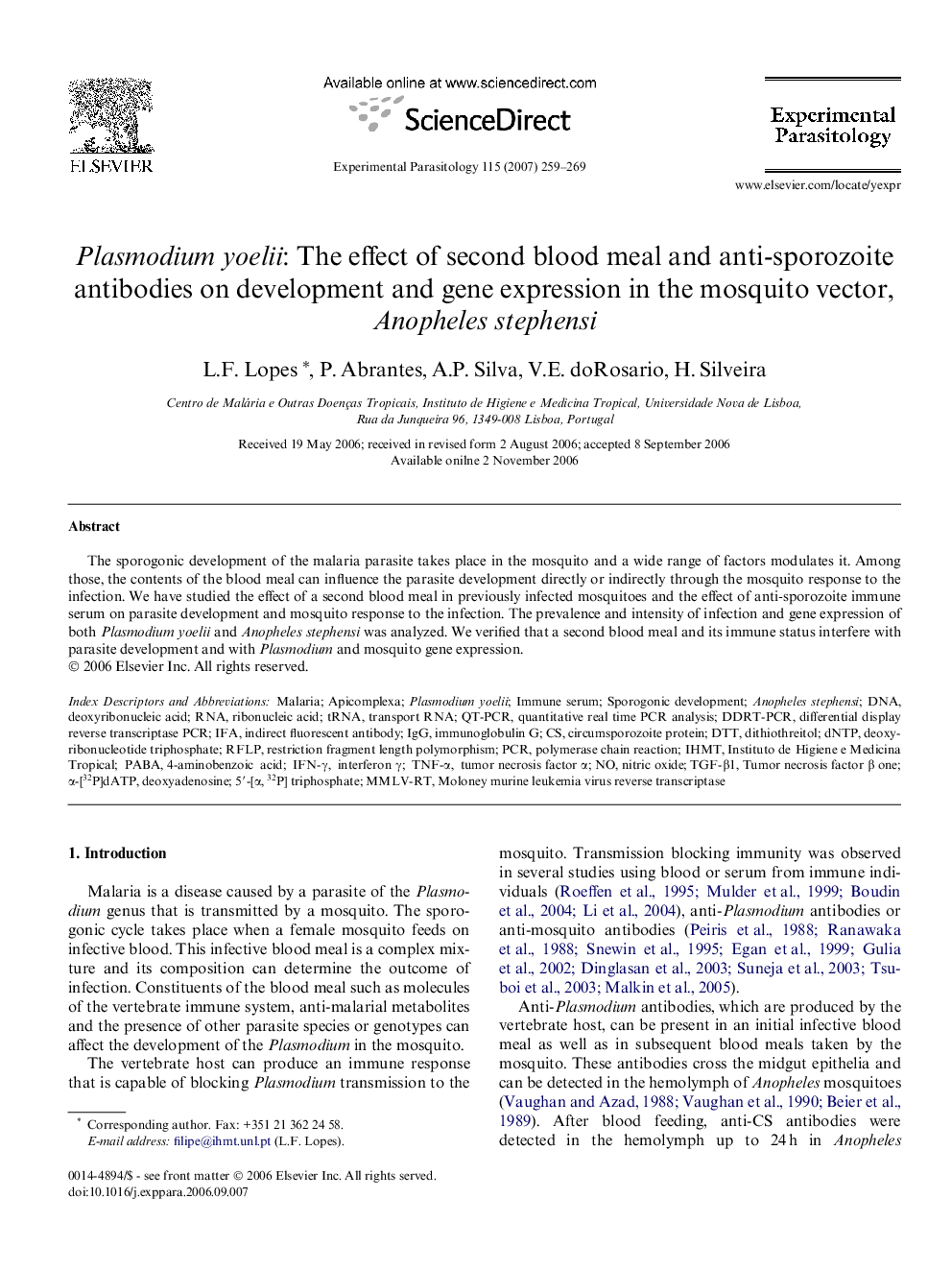 Plasmodium yoelii: The effect of second blood meal and anti-sporozoite antibodies on development and gene expression in the mosquito vector, Anopheles stephensi