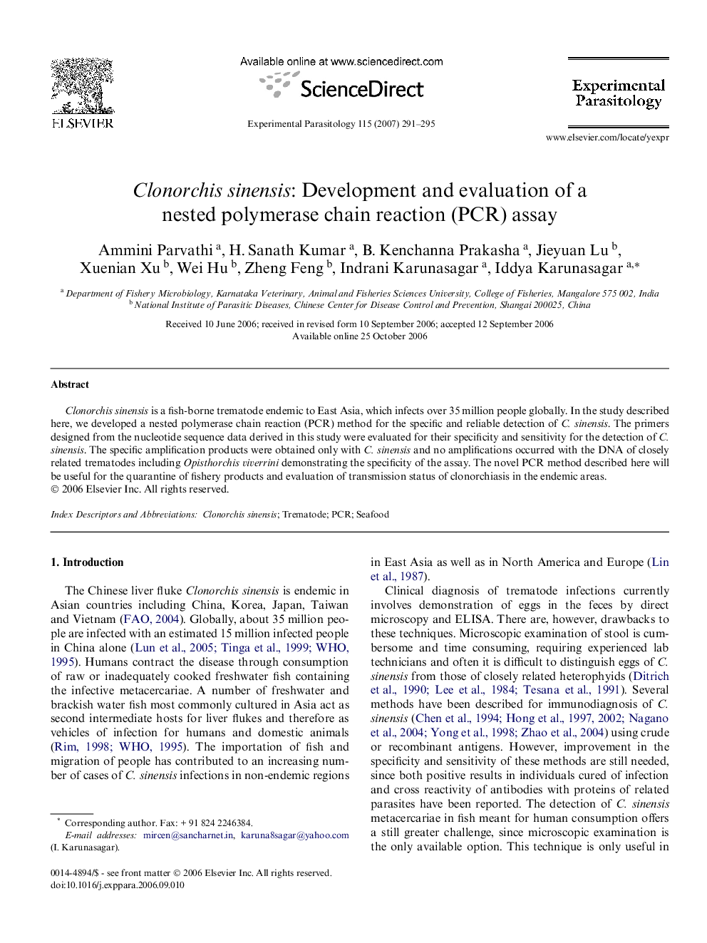 عکس صفحه اول مقاله: Clonorchis sinensis: Development and evaluation of a nested polymerase chain reaction (PCR) assay Clonorchis sinensis: Development and evaluation of a nested polymerase chain reaction (PCR) assay