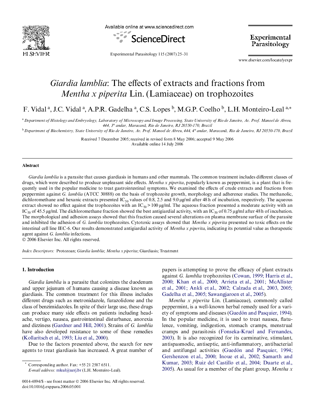 Giardia lamblia: The effects of extracts and fractions from Mentha x piperita Lin. (Lamiaceae) on trophozoites