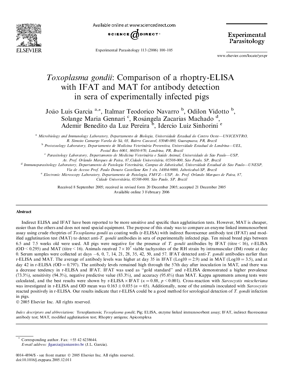 Toxoplasma gondii: Comparison of a rhoptry-ELISA with IFAT and MAT for antibody detection in sera of experimentally infected pigs