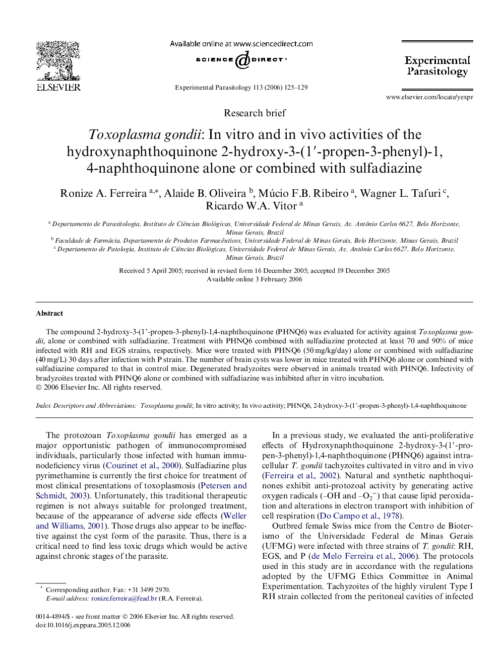 Toxoplasma gondii: In vitro and in vivo activities of the hydroxynaphthoquinone 2-hydroxy-3-(1′-propen-3-phenyl)-1,4-naphthoquinone alone or combined with sulfadiazine