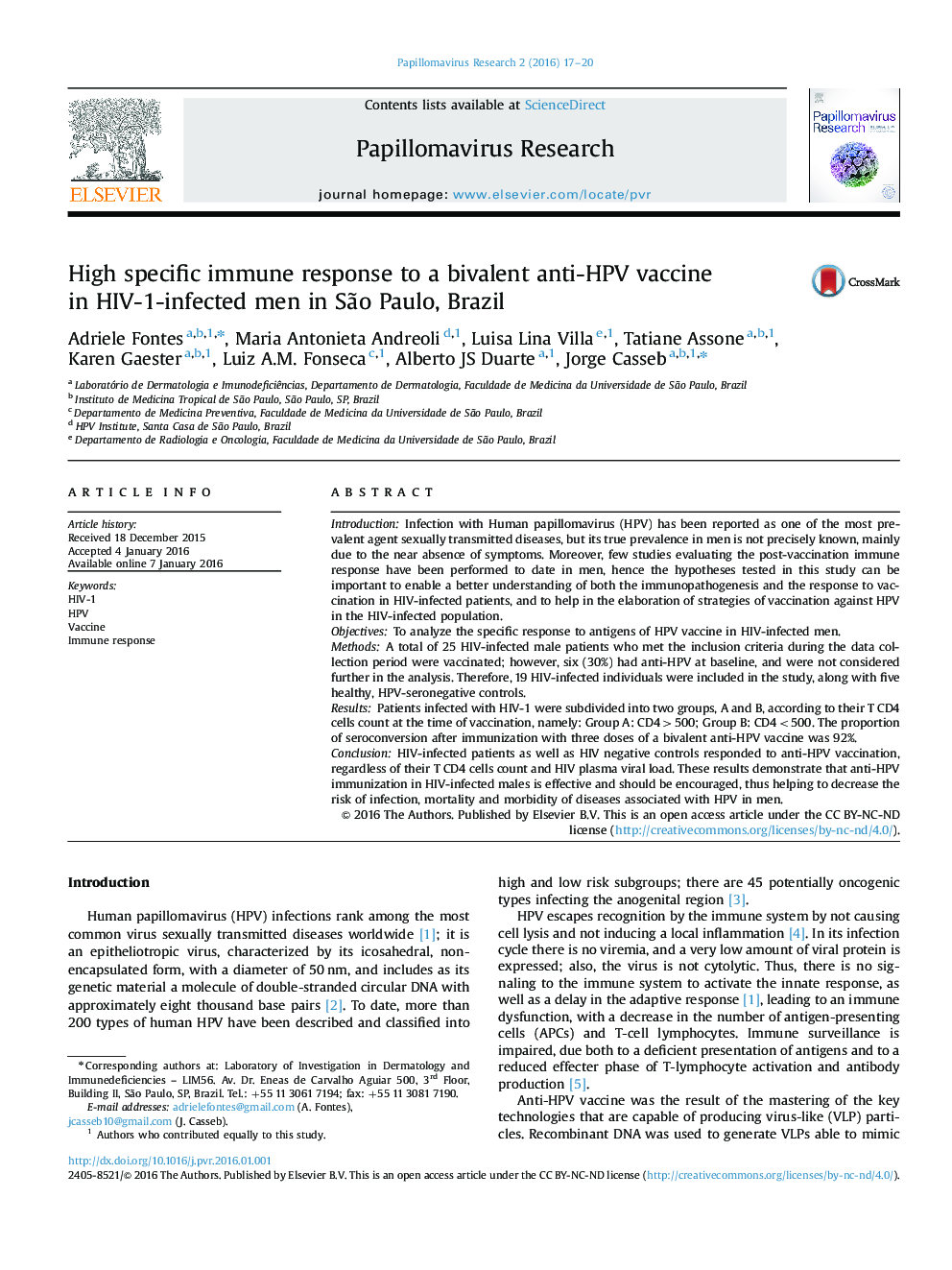 واکنش بالای ایمنی خاص به یک واکسن ضد HPV دو ظرفیتی در مردان آلوده به HIV-1 در سائو پائولو، برزیل