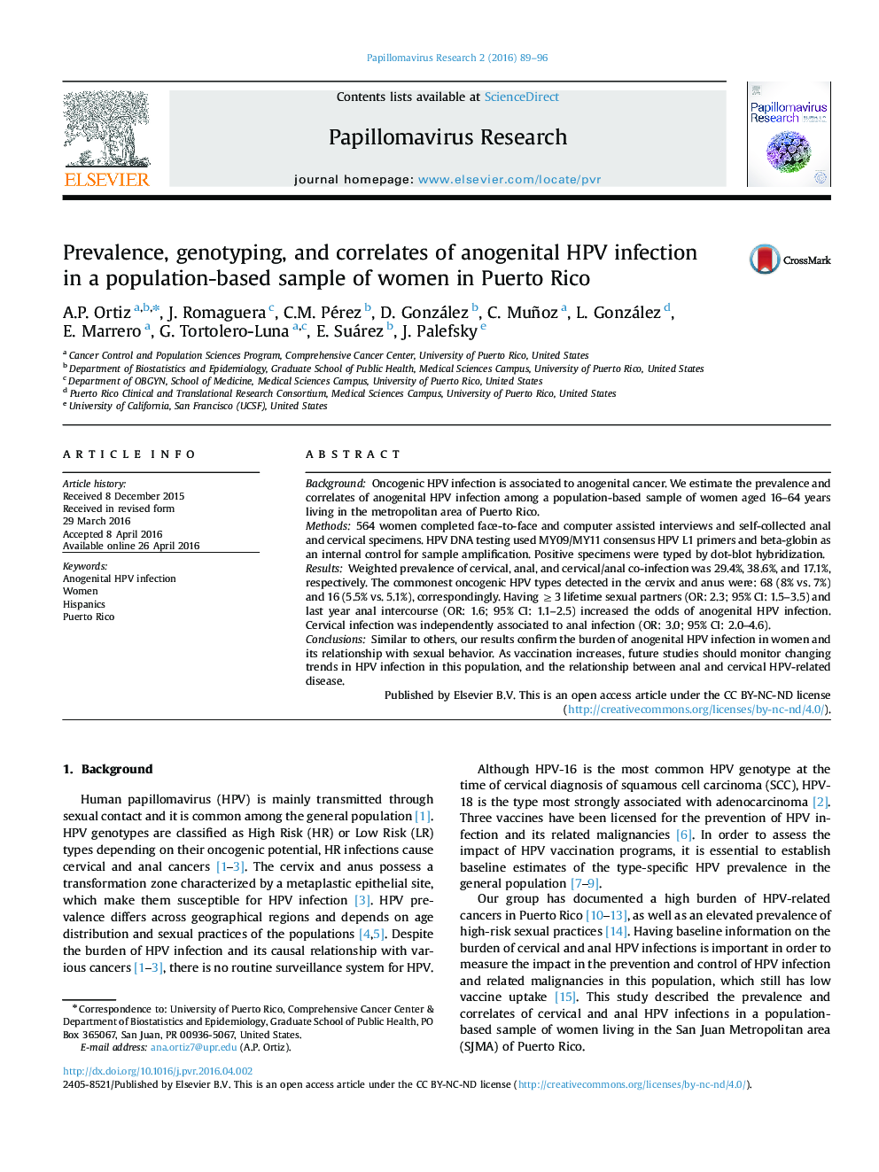 Prevalence, genotyping, and correlates of anogenital HPV infection in a population-based sample of women in Puerto Rico