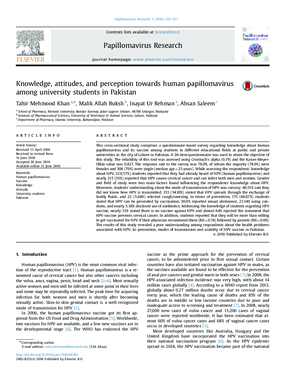 Knowledge, attitudes, and perception towards human papillomavirus among university students in Pakistan