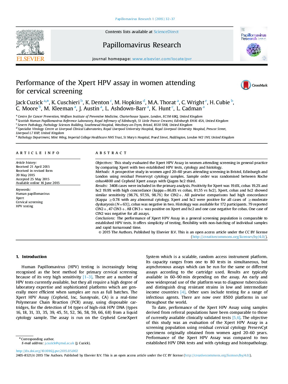 Performance of the Xpert HPV assay in women attending for cervical screening