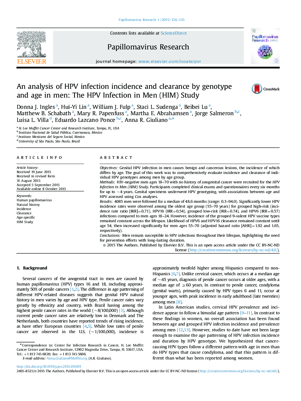 An analysis of HPV infection incidence and clearance by genotype and age in men: The HPV Infection in Men (HIM) Study