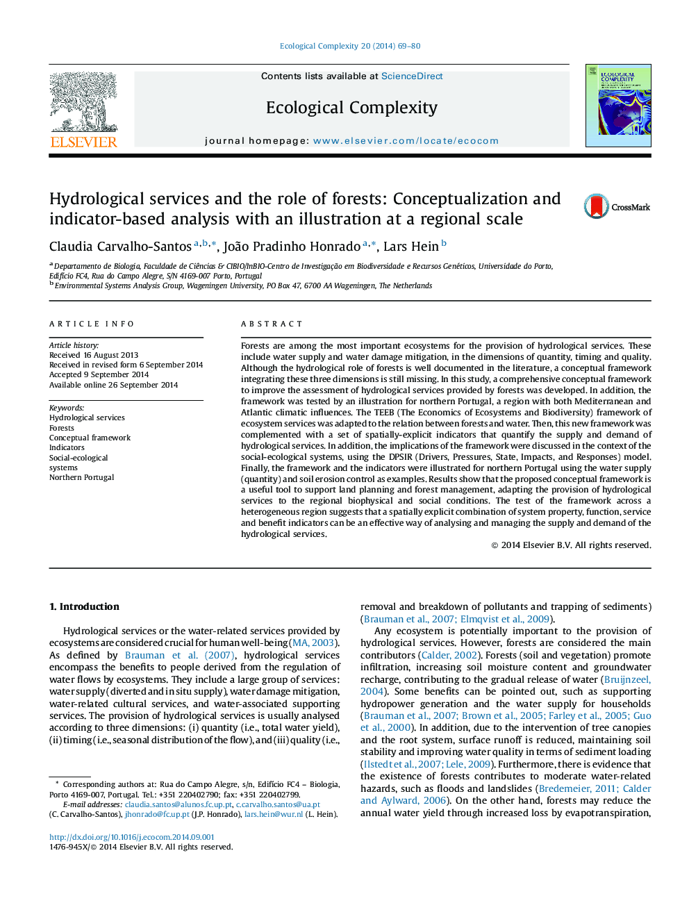 Hydrological services and the role of forests: Conceptualization and indicator-based analysis with an illustration at a regional scale