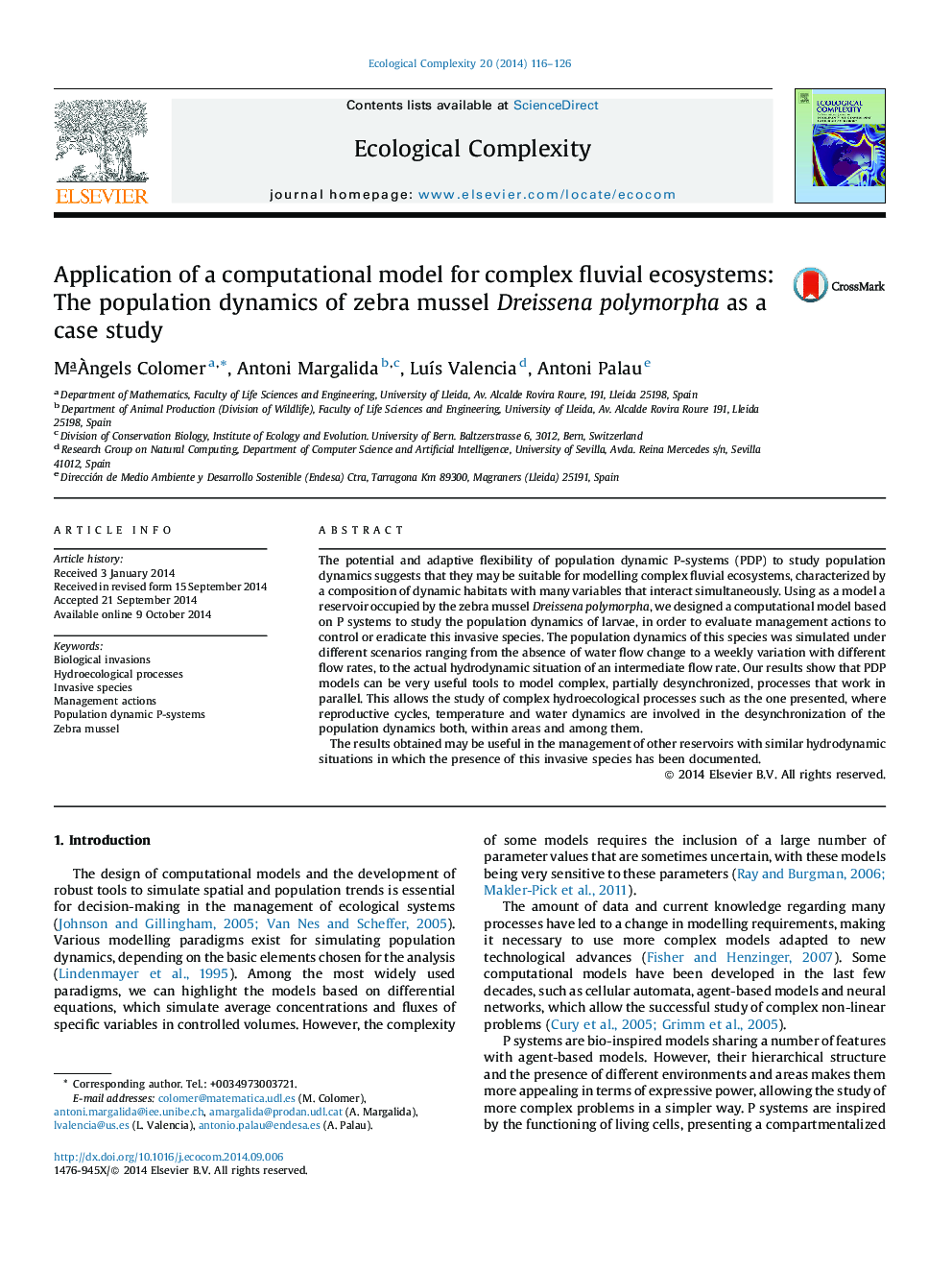 Application of a computational model for complex fluvial ecosystems: The population dynamics of zebra mussel Dreissena polymorpha as a case study