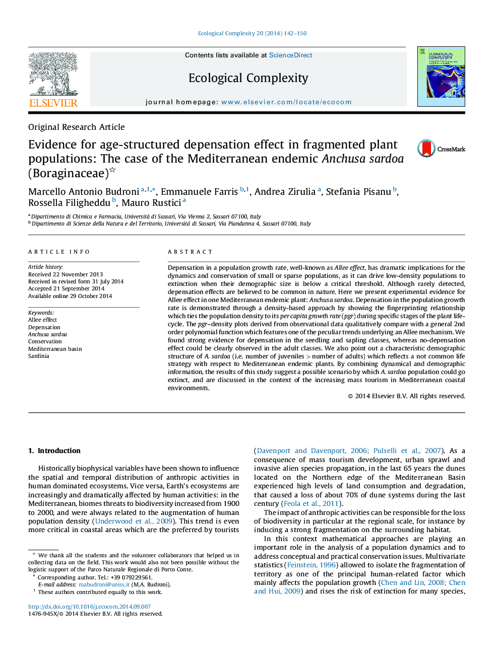 Evidence for age-structured depensation effect in fragmented plant populations: The case of the Mediterranean endemic Anchusa sardoa (Boraginaceae) 