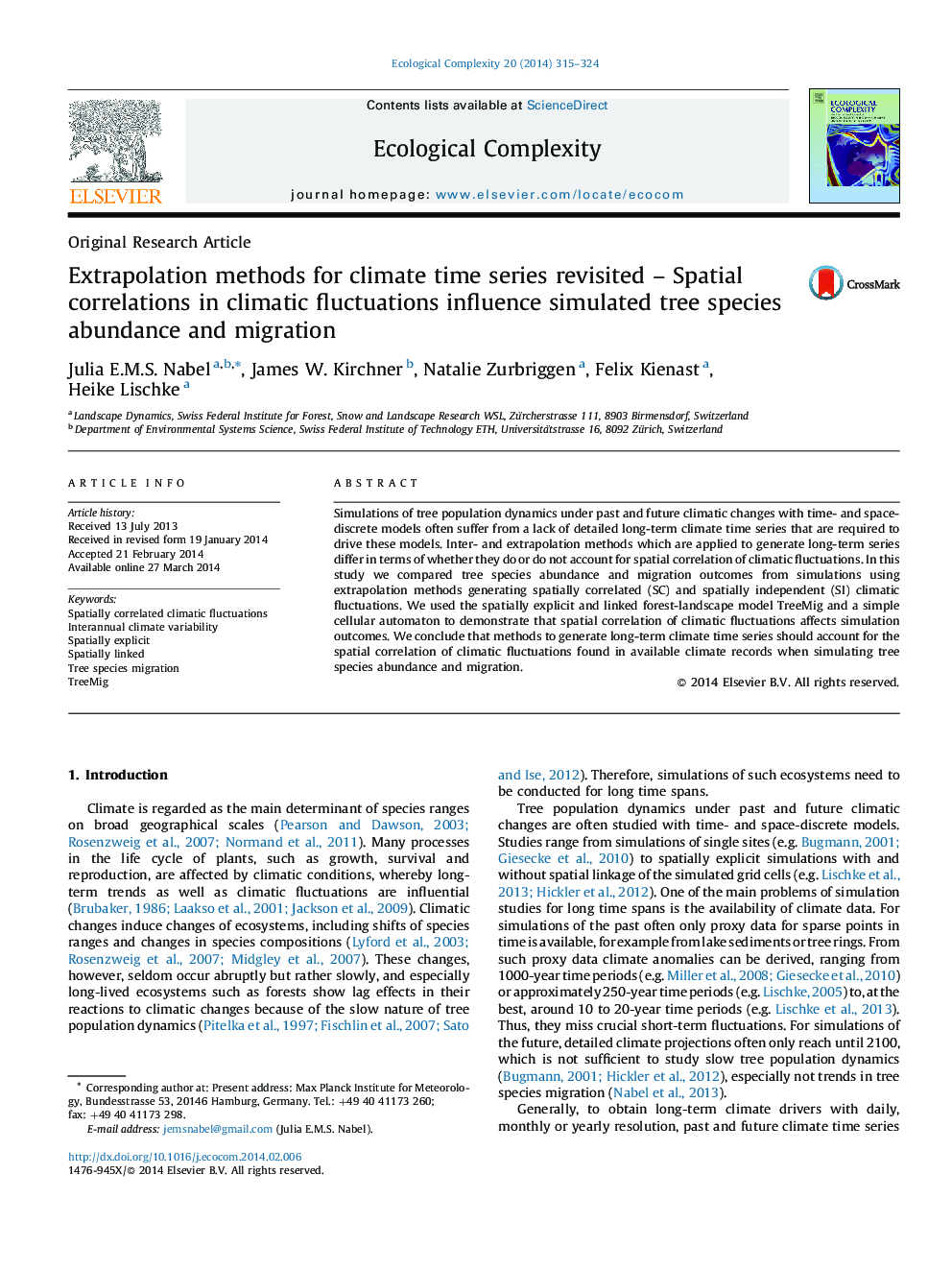 Extrapolation methods for climate time series revisited – Spatial correlations in climatic fluctuations influence simulated tree species abundance and migration