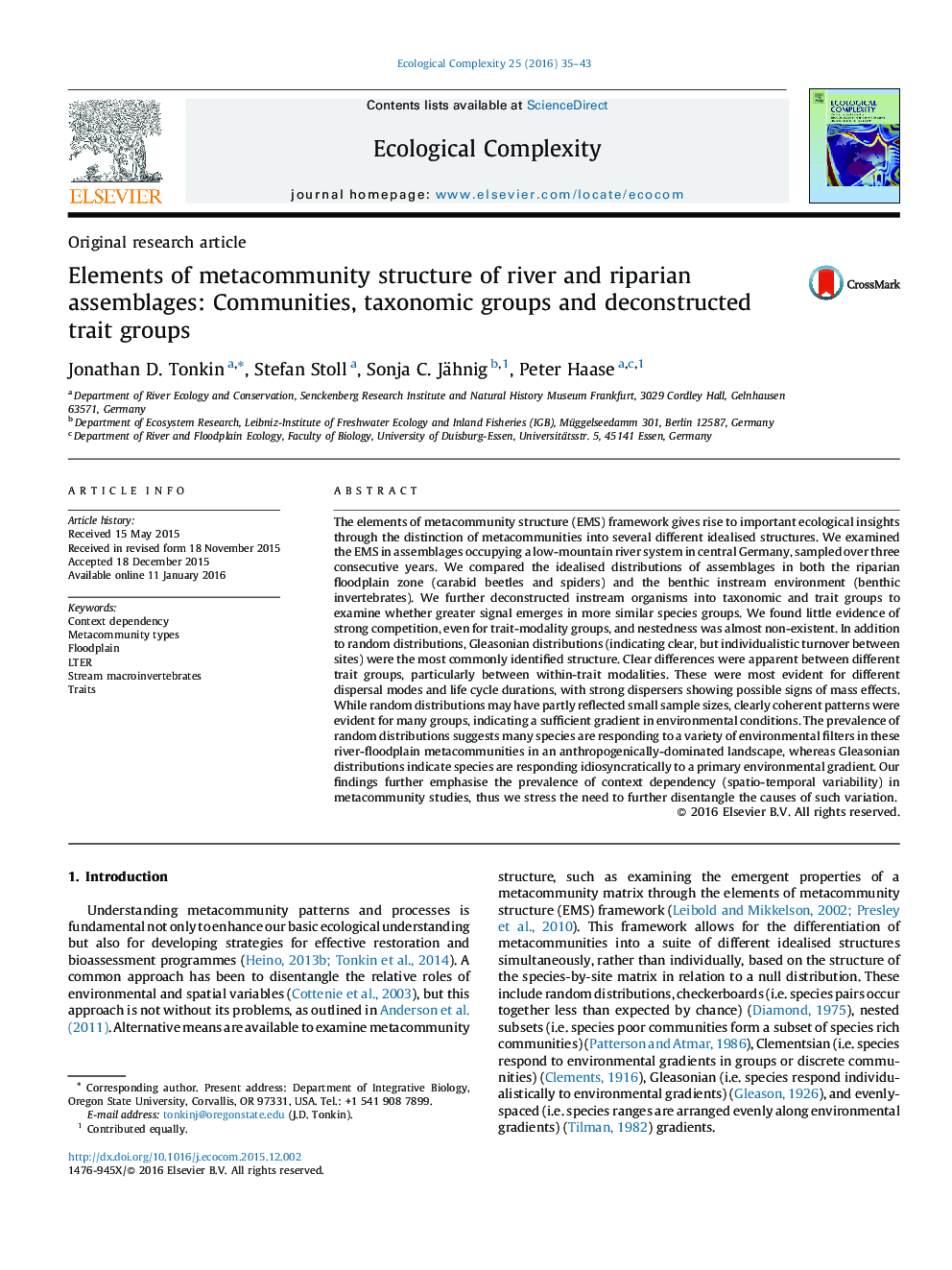 Elements of metacommunity structure of river and riparian assemblages: Communities, taxonomic groups and deconstructed trait groups