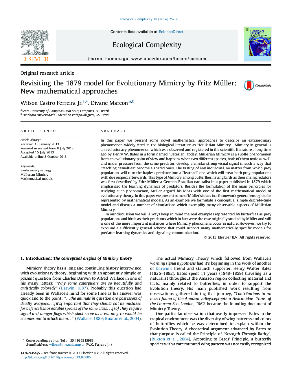 Revisiting the 1879 model for Evolutionary Mimicry by Fritz Müller: New mathematical approaches