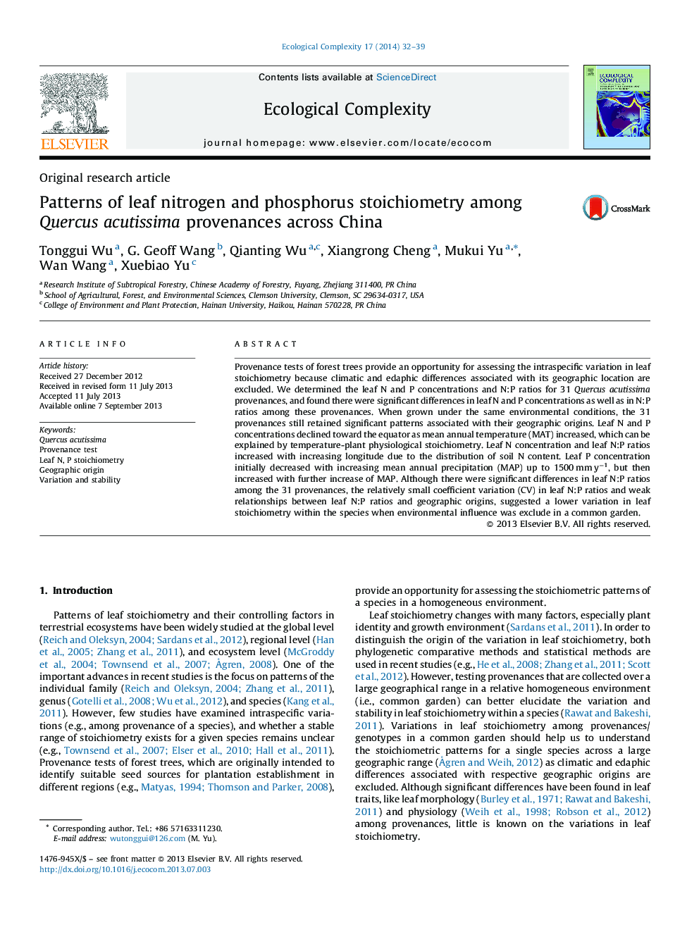 Patterns of leaf nitrogen and phosphorus stoichiometry among Quercus acutissima provenances across China