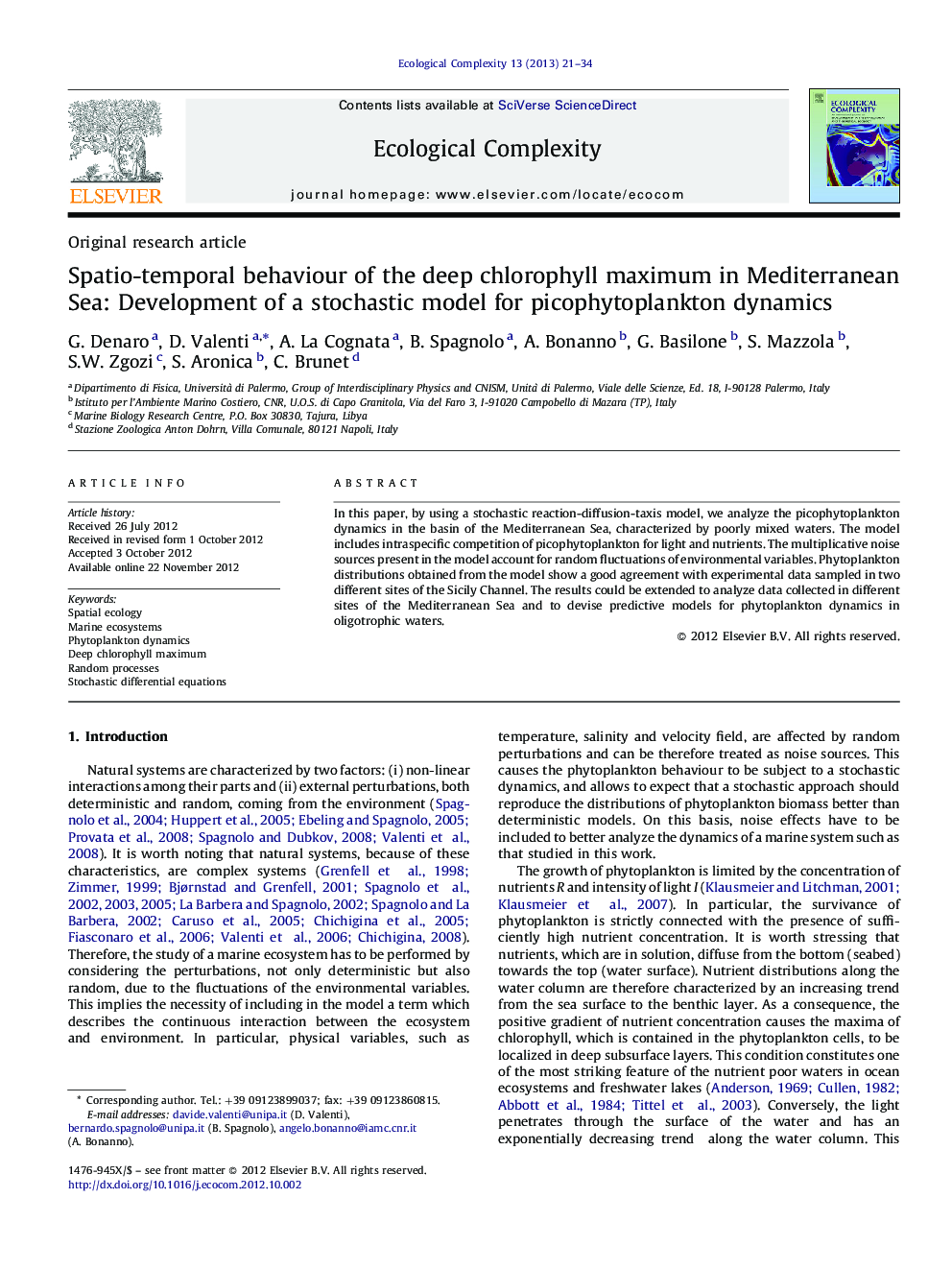 Spatio-temporal behaviour of the deep chlorophyll maximum in Mediterranean Sea: Development of a stochastic model for picophytoplankton dynamics