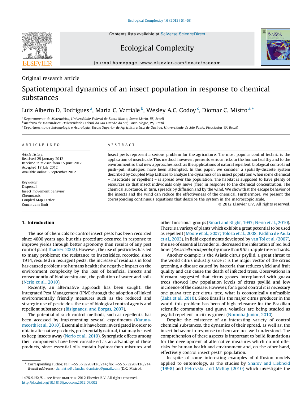 Spatiotemporal dynamics of an insect population in response to chemical substances