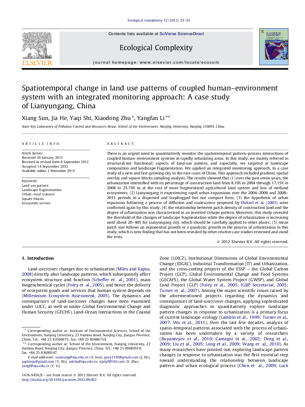 Spatiotemporal change in land use patterns of coupled human–environment system with an integrated monitoring approach: A case study of Lianyungang, China