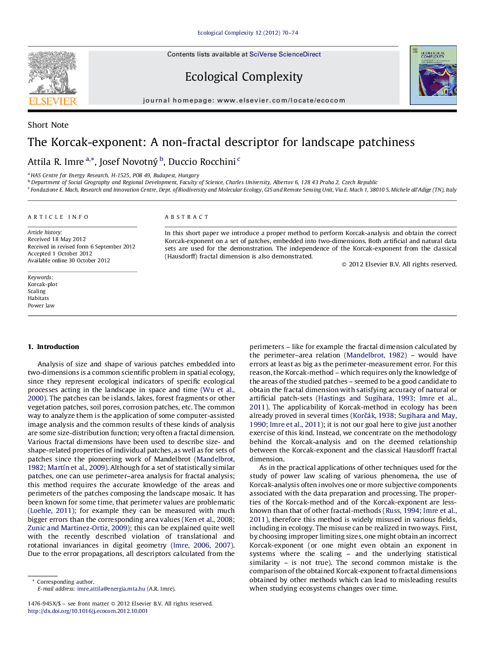 The Korcak-exponent: A non-fractal descriptor for landscape patchiness