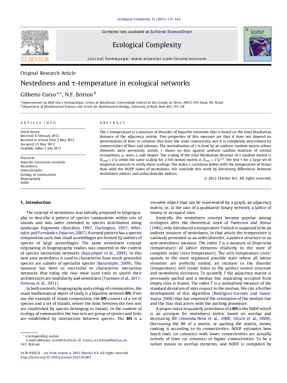 Nestedness and τ-temperature in ecological networks