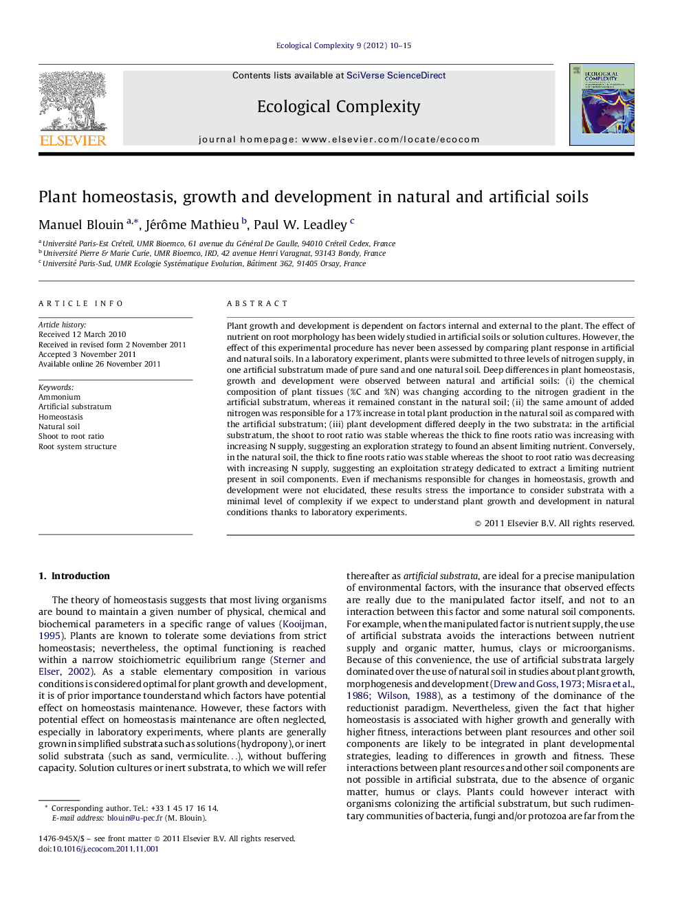 Plant homeostasis, growth and development in natural and artificial soils