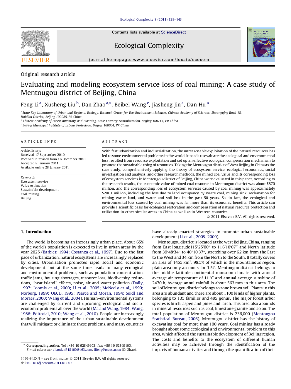 Evaluating and modeling ecosystem service loss of coal mining: A case study of Mentougou district of Beijing, China