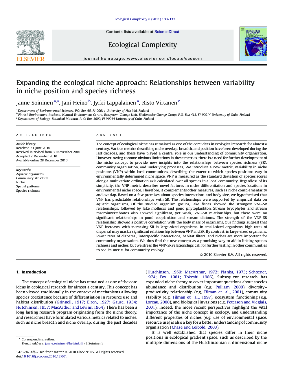 Expanding the ecological niche approach: Relationships between variability in niche position and species richness