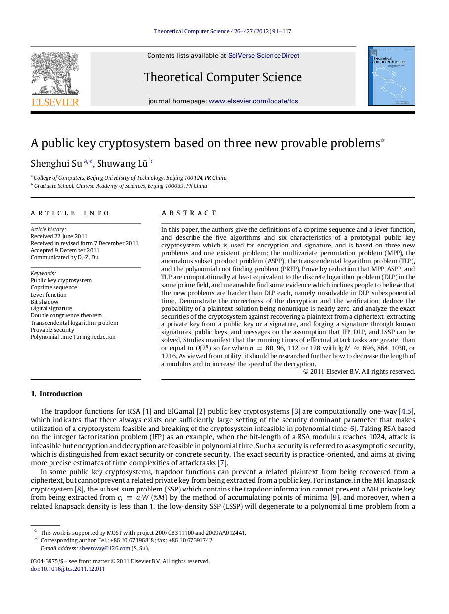 A public key cryptosystem based on three new provable problems 