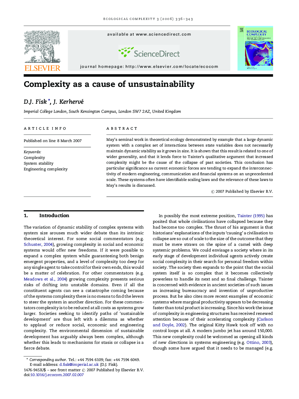 Complexity as a cause of unsustainability