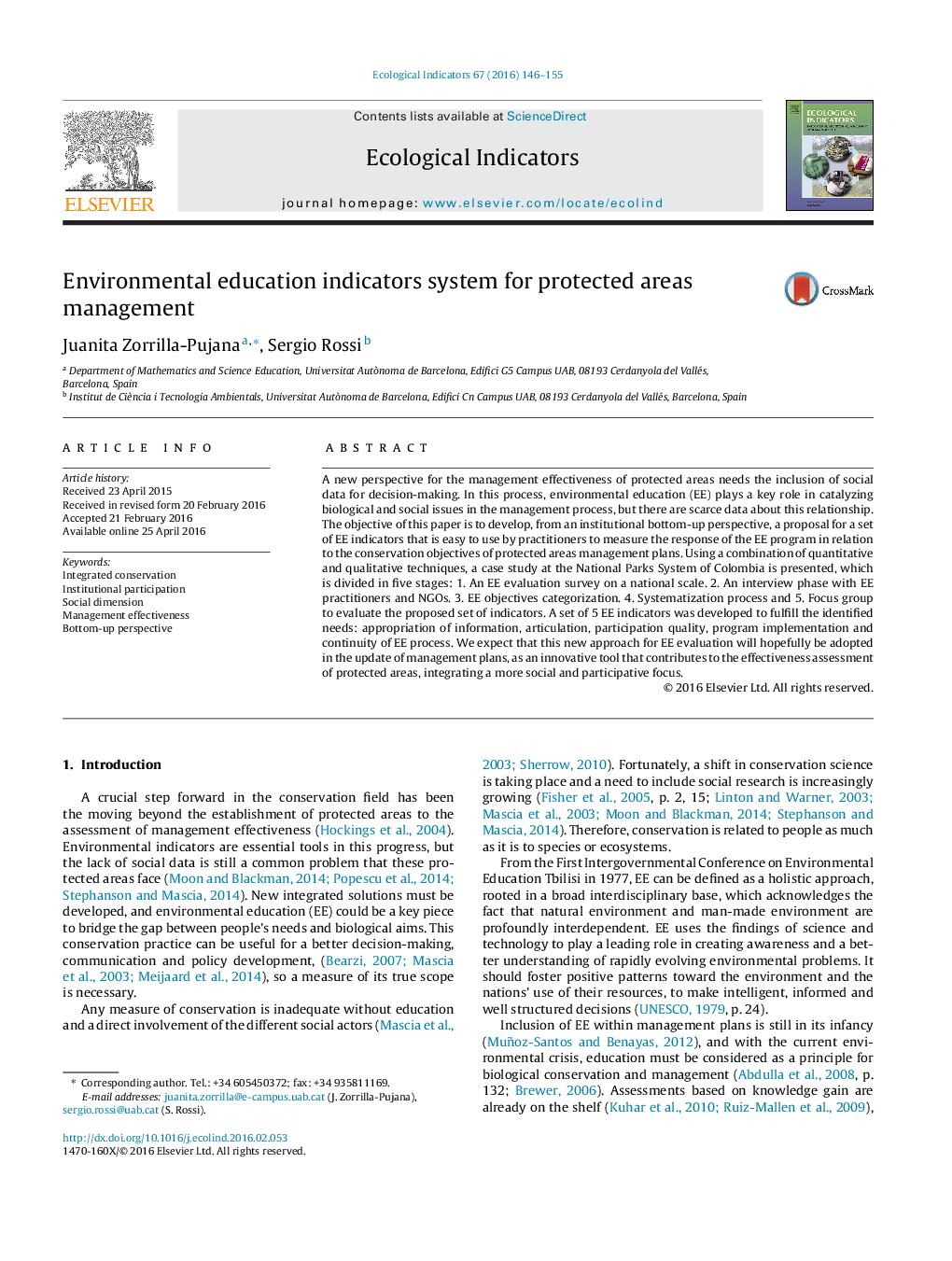 Environmental education indicators system for protected areas management