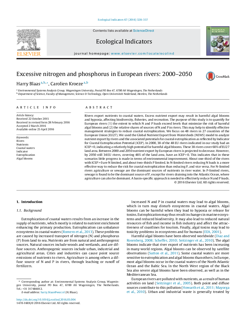 Excessive nitrogen and phosphorus in European rivers: 2000–2050