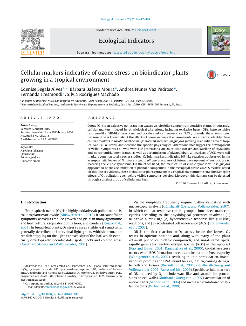 Cellular markers indicative of ozone stress on bioindicator plants growing in a tropical environment