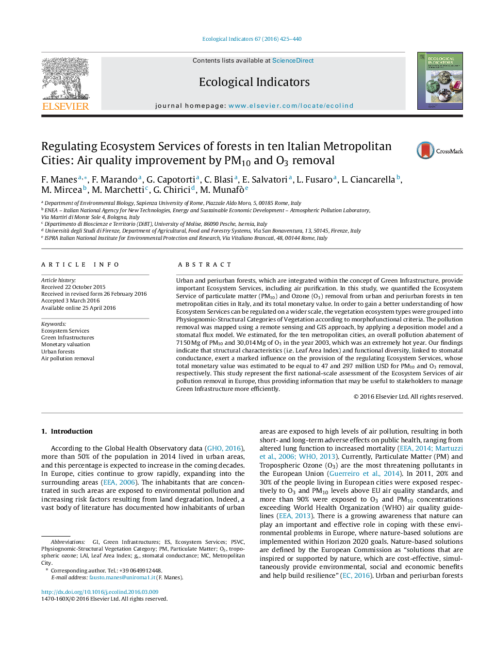 Regulating Ecosystem Services of forests in ten Italian Metropolitan Cities: Air quality improvement by PM10 and O3 removal