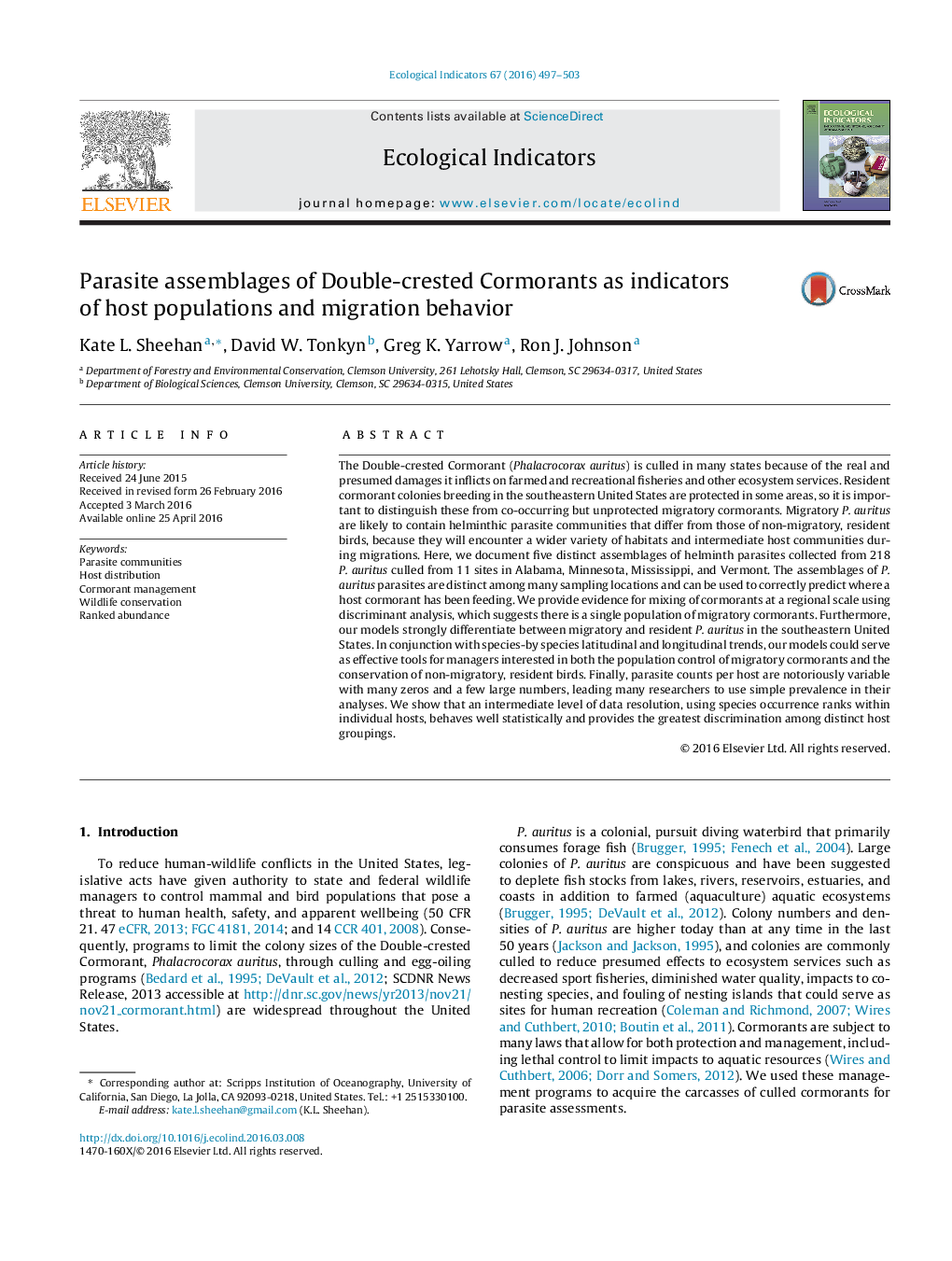 Parasite assemblages of Double-crested Cormorants as indicators of host populations and migration behavior