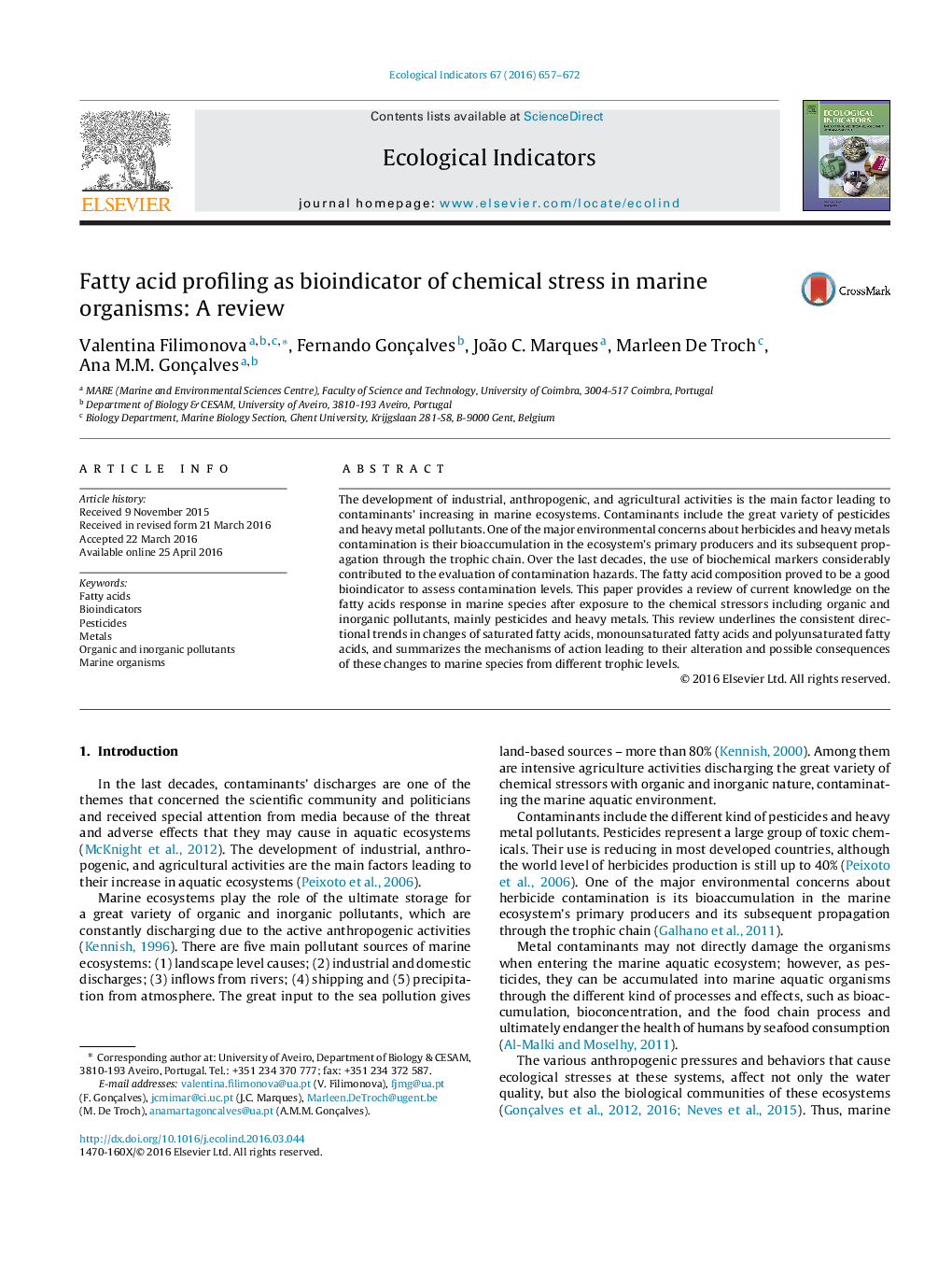 Fatty acid profiling as bioindicator of chemical stress in marine organisms: A review