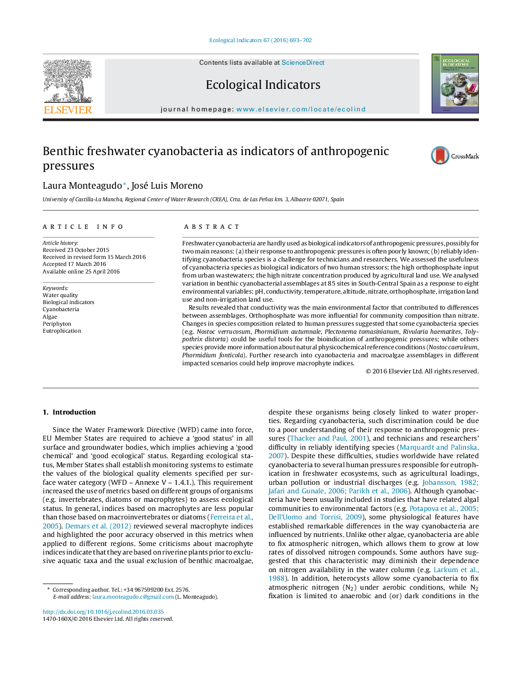 Benthic freshwater cyanobacteria as indicators of anthropogenic pressures