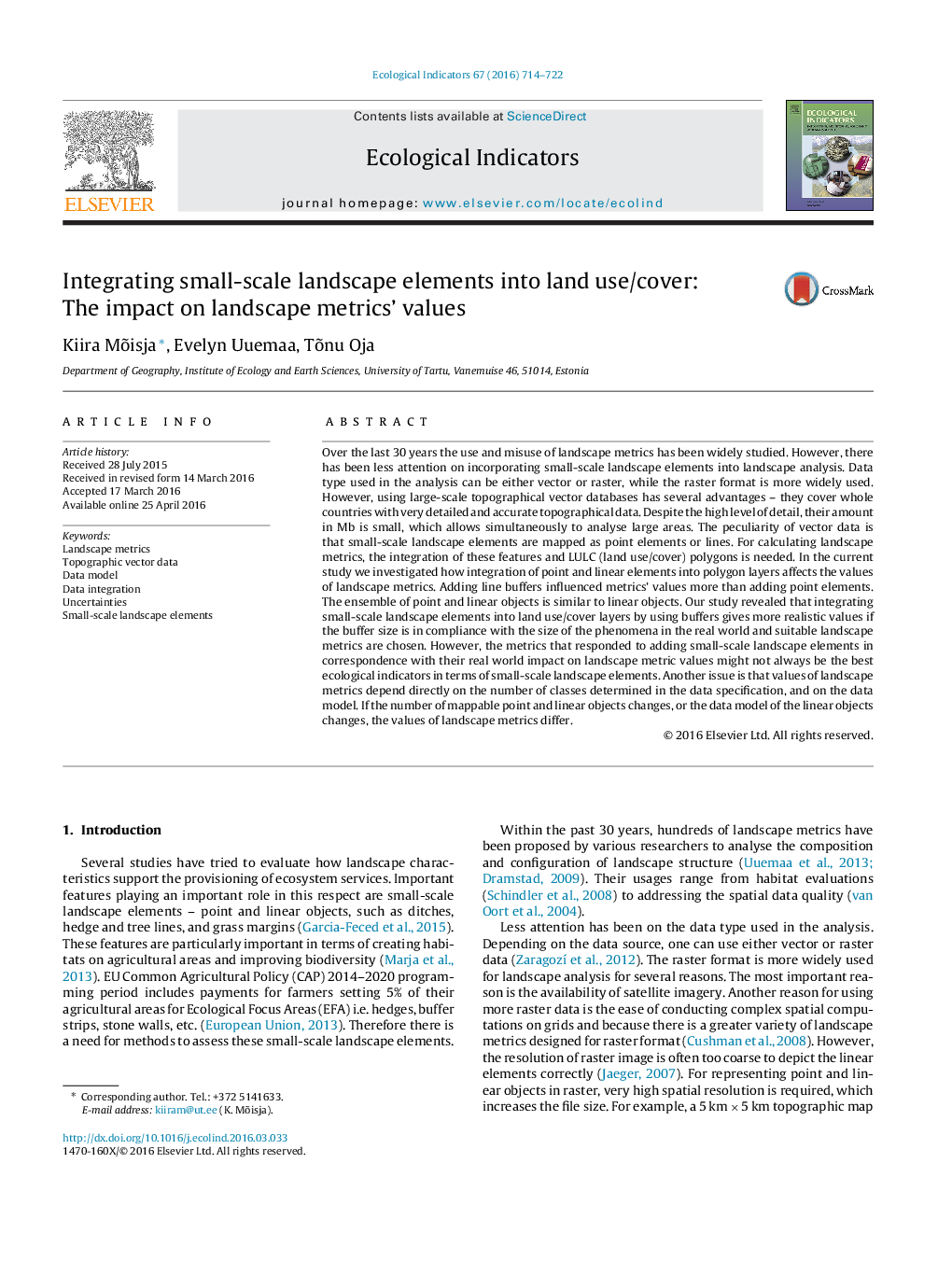 Integrating small-scale landscape elements into land use/cover: The impact on landscape metrics’ values