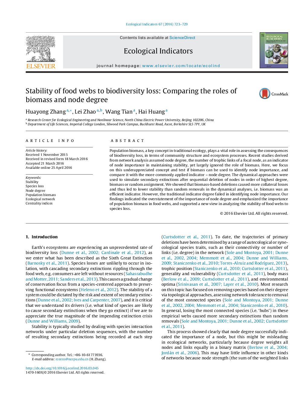 Stability of food webs to biodiversity loss: Comparing the roles of biomass and node degree