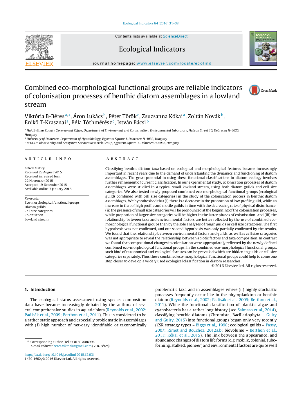 Combined eco-morphological functional groups are reliable indicators of colonisation processes of benthic diatom assemblages in a lowland stream