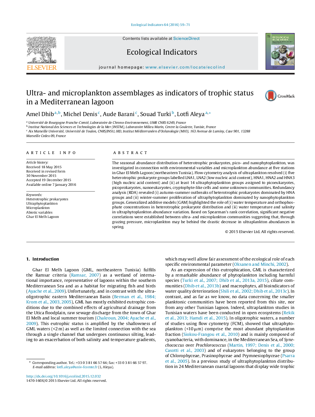 Ultra- and microplankton assemblages as indicators of trophic status in a Mediterranean lagoon