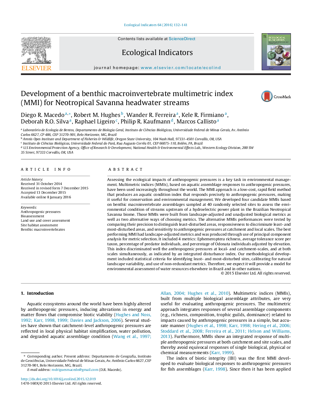 Development of a benthic macroinvertebrate multimetric index (MMI) for Neotropical Savanna headwater streams