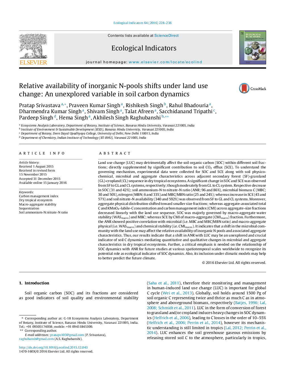 Relative availability of inorganic N-pools shifts under land use change: An unexplored variable in soil carbon dynamics