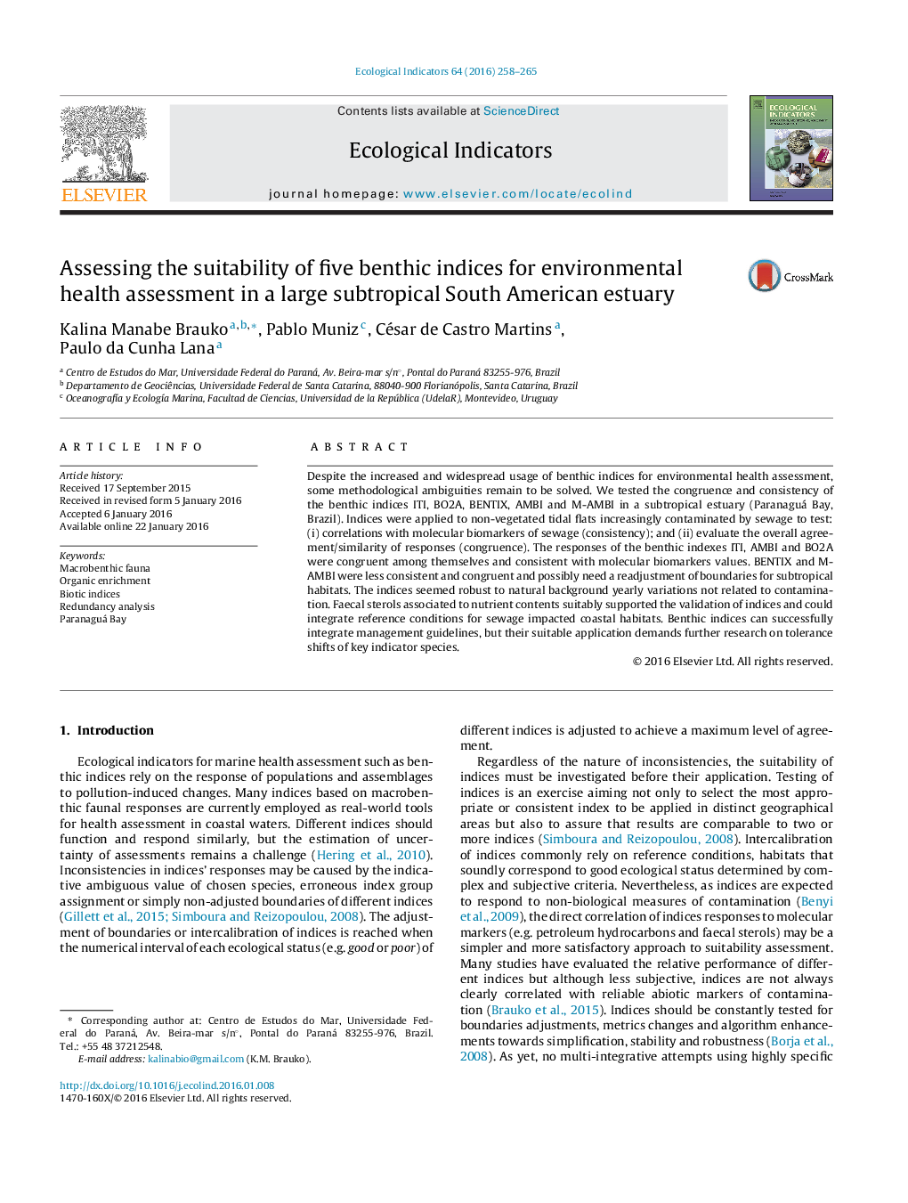 Assessing the suitability of five benthic indices for environmental health assessment in a large subtropical South American estuary