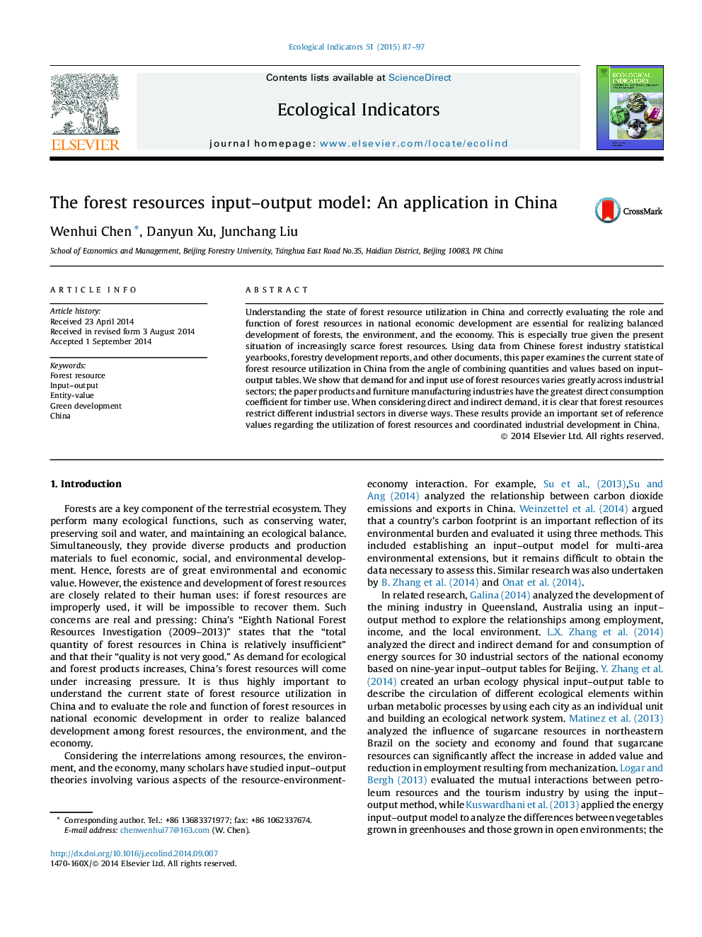 The forest resources input–output model: An application in China