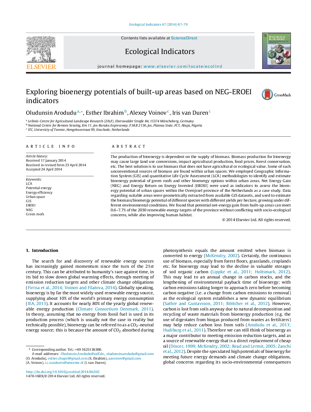 Exploring bioenergy potentials of built-up areas based on NEG-EROEI indicators