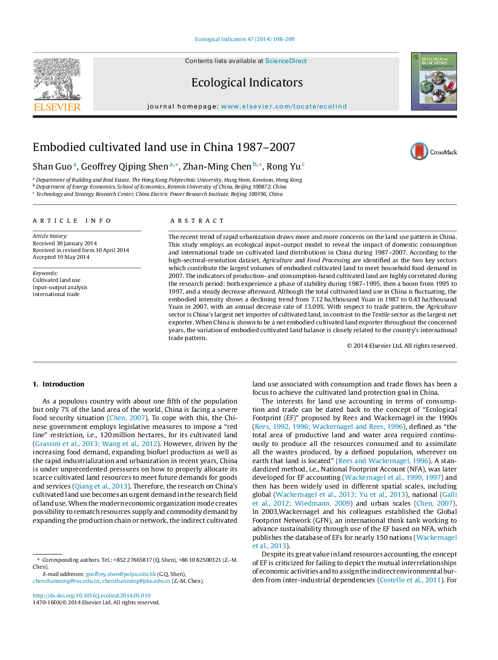 Embodied cultivated land use in China 1987–2007