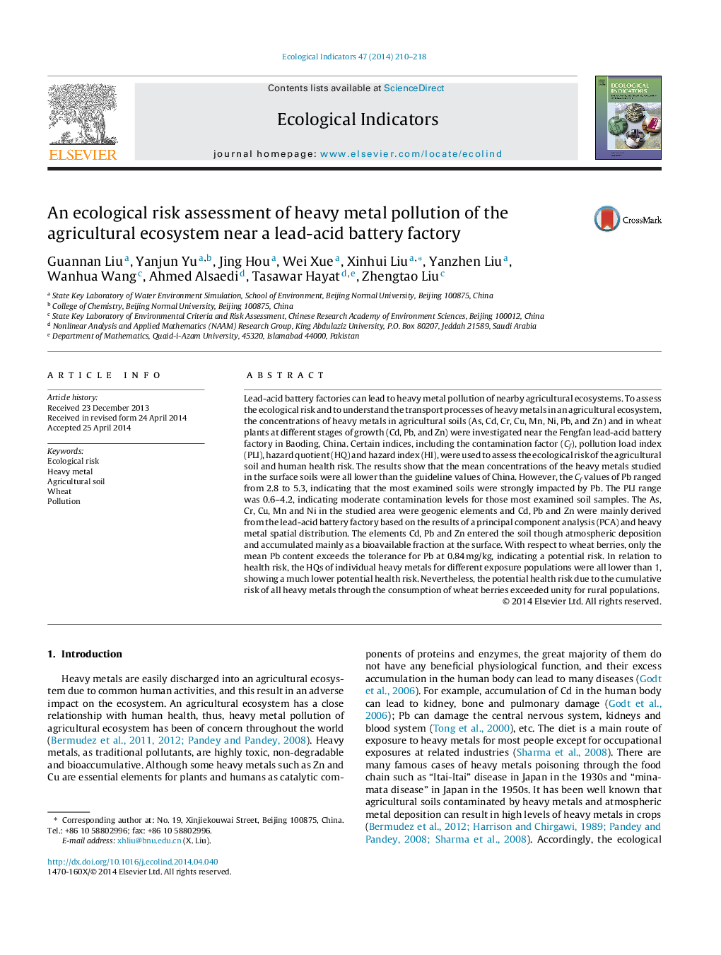 An ecological risk assessment of heavy metal pollution of the agricultural ecosystem near a lead-acid battery factory