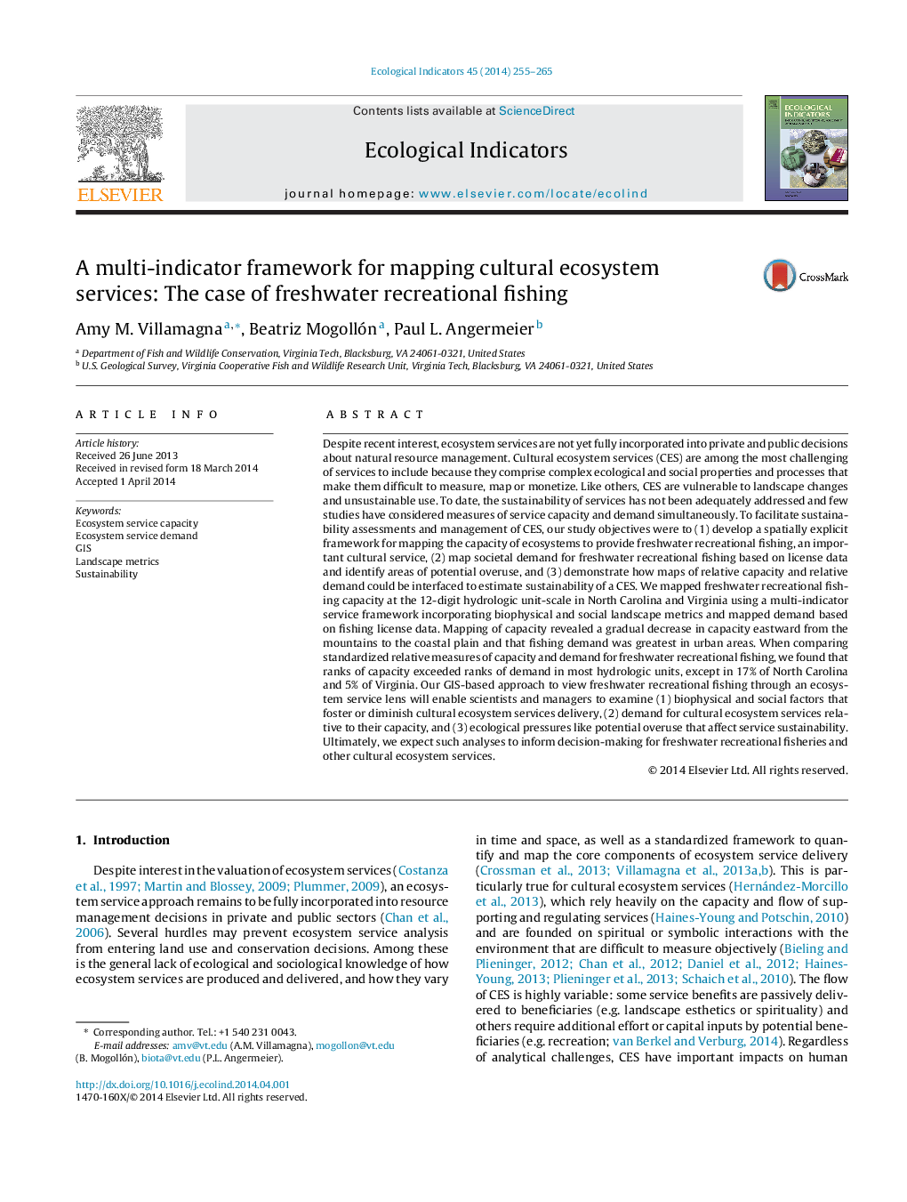 A multi-indicator framework for mapping cultural ecosystem services: The case of freshwater recreational fishing