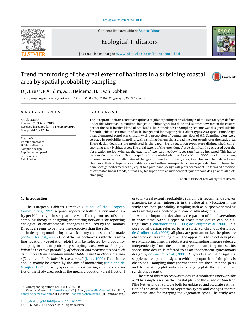 Trend monitoring of the areal extent of habitats in a subsiding coastal area by spatial probability sampling