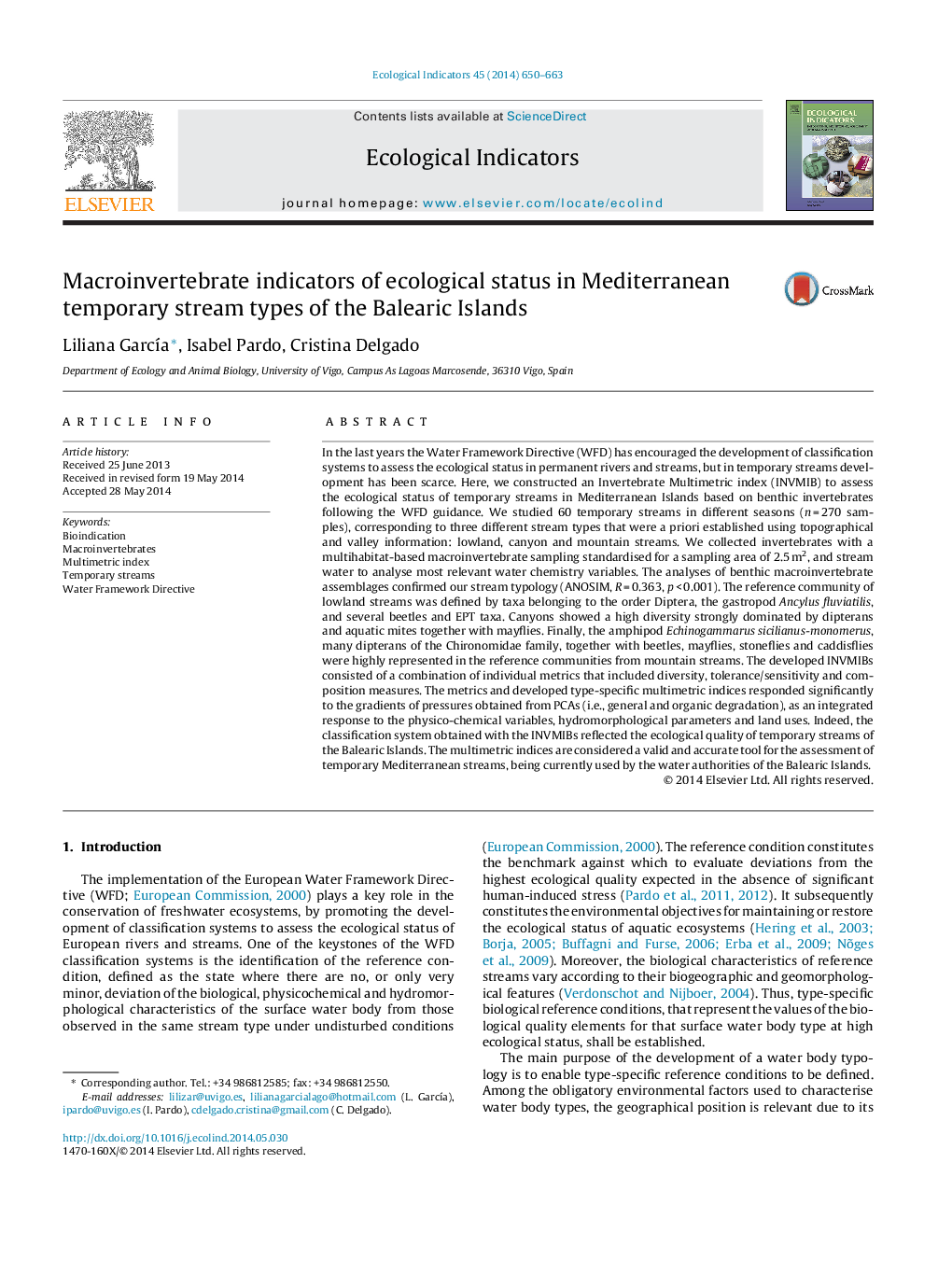 Macroinvertebrate indicators of ecological status in Mediterranean temporary stream types of the Balearic Islands