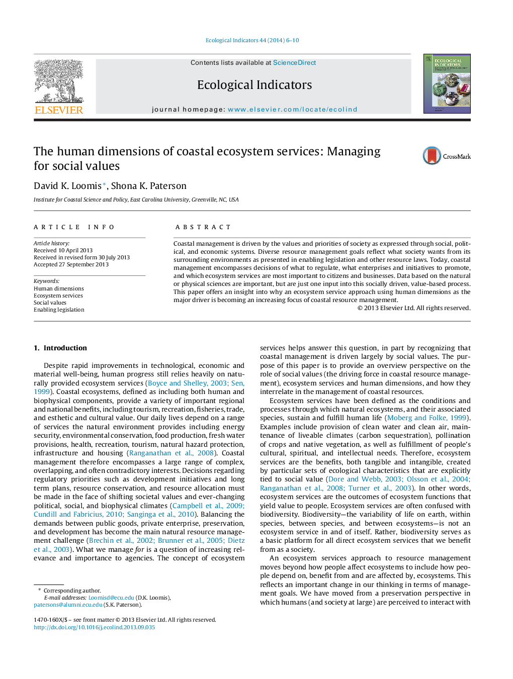 The human dimensions of coastal ecosystem services: Managing for social values